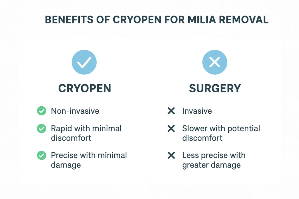Benefits of cryopen for milia removal Reading compared to surgical treatments.