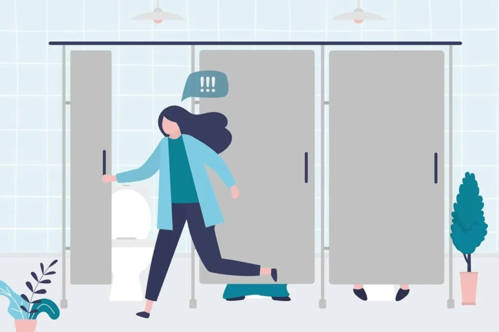 graphic of Urine incontinence Reading woman running to the toilet.