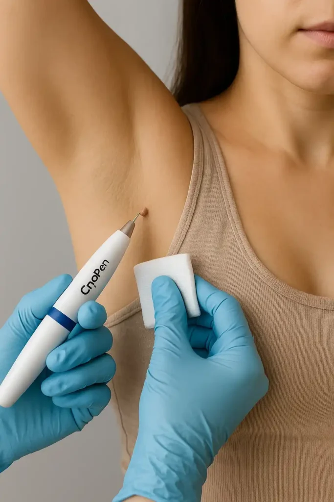 woman having cryopen to remove underarm skin tags Reading
