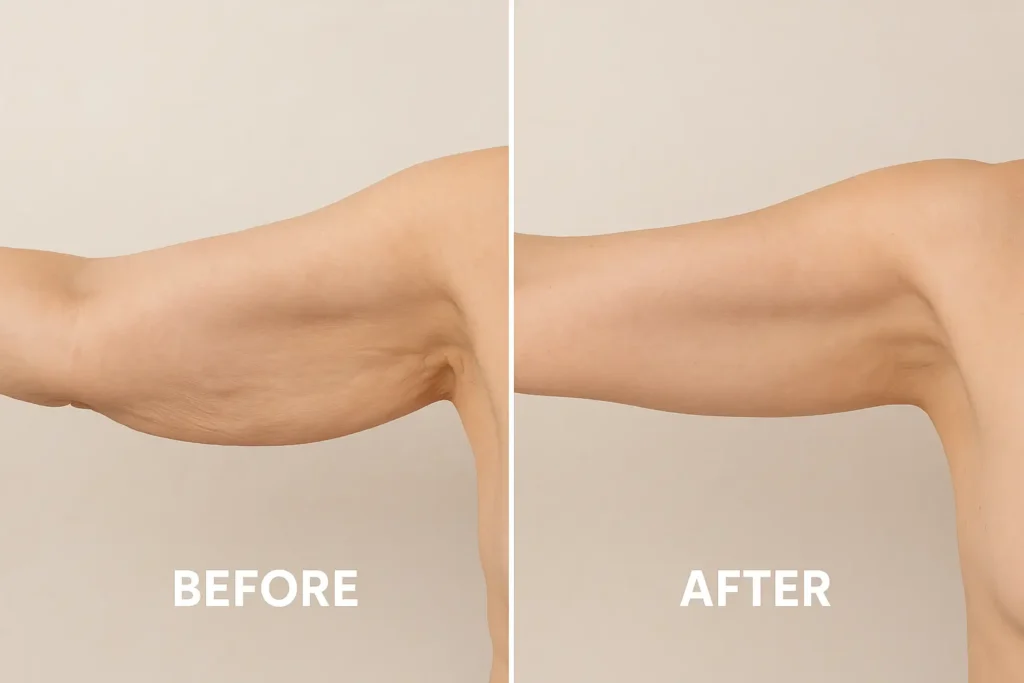 Picture of LA LIPO Reading before and after results of skin tightening treatment on the upper arms.