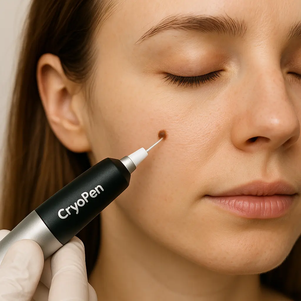 woman receiving facial mole removal Reading using cryopen 