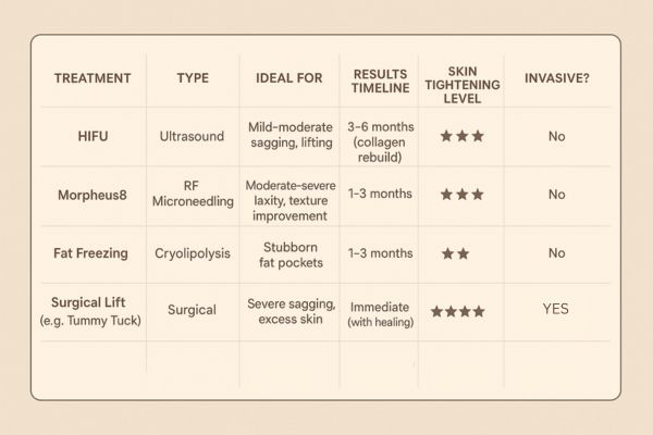 Table showing the comparisons of Skin tightening Reading treatment options.